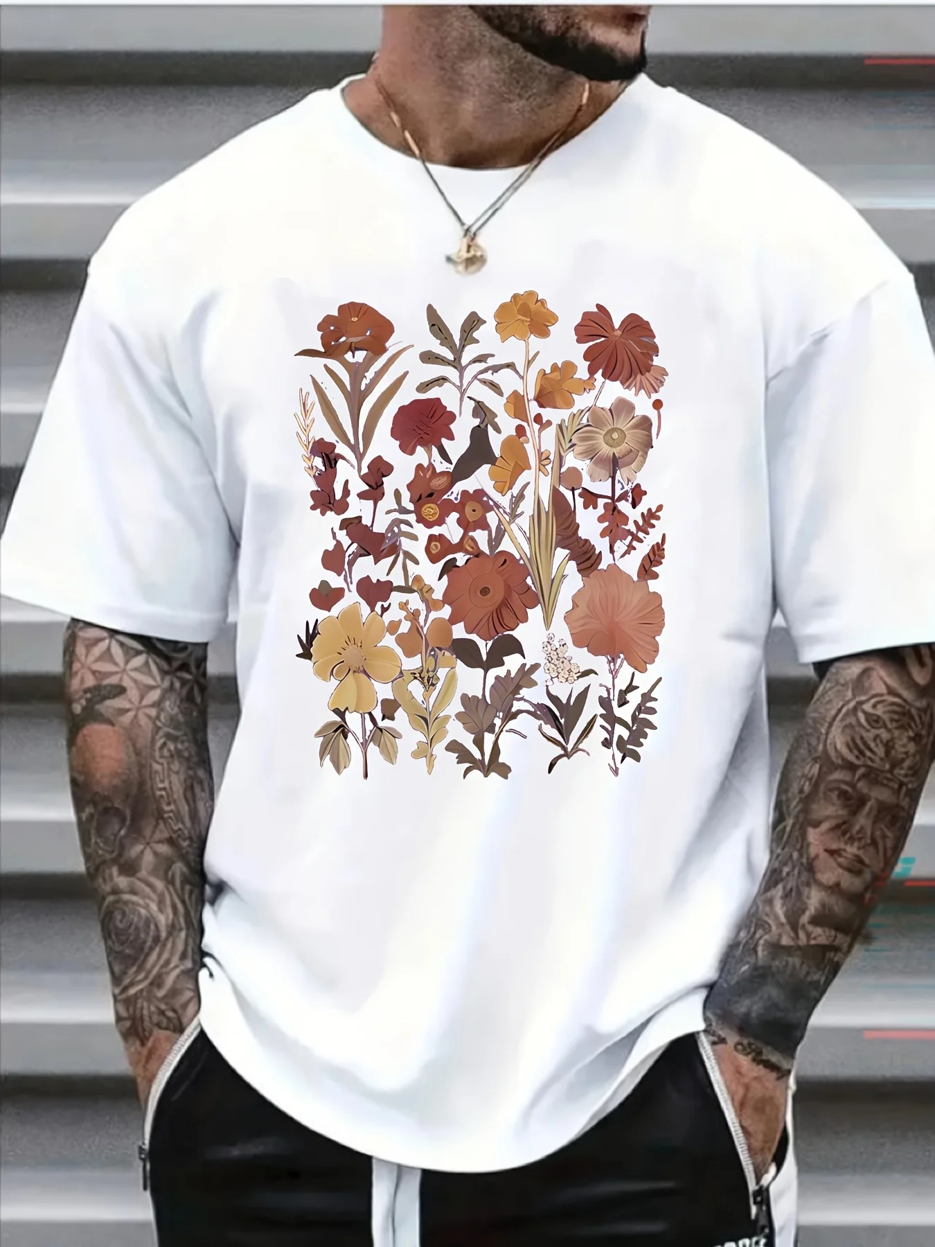 Men'  Premium Soft  T-Shirt - Autumn Floral Garden  Suitable for Spring Outings, Summer Festivals, Casual Streetwear Round Neck Tee,  Regular Fit for Daily Wear, Year-Round Versatile Wardrobe Essential
