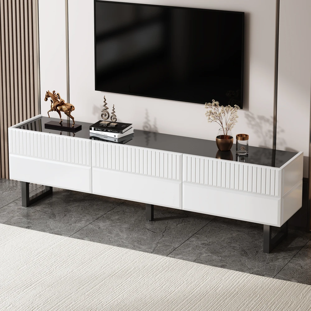 Moderner TV-Ständer mit niedrigem Profil, 170 x 35 x 47 cm – klassischer Aufbewahrungsschrank mit 3 Schubladen, schlanke Wohnzimmermöbel für Medienkonsole