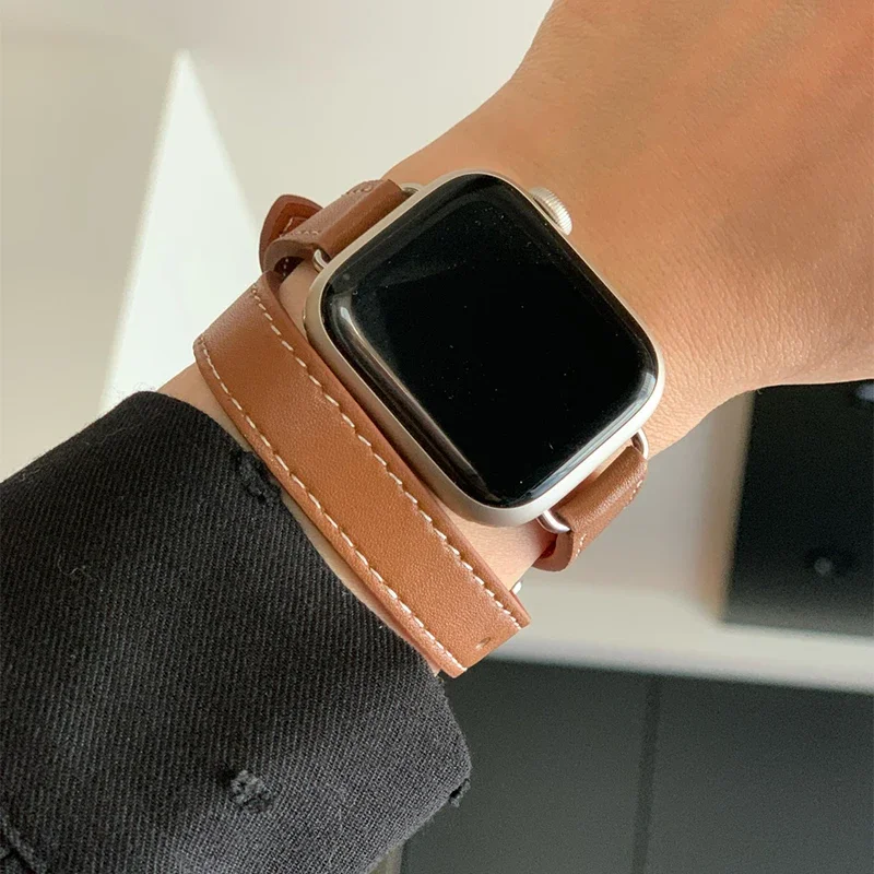 Band for Apple Watch Ultra2 49mm 45mm 42mm 44mm 41mm 38mm 40mm Double Tour Leather Strap Iwatch Series 9 8 7 6 Se 5 4 3 2 Correa