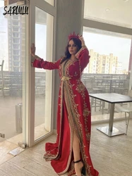 Red Moroccan V-neck Evening Dresses Luxury Fashion Long Sleeve Prom Dress Caftan Appliques Customized Gown Robe De Mariée