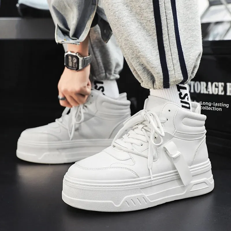 New Autumn/Winter Men's Casual Sneakers 12cm Increased Height 10cm Thick Sole White Shoes High Top Rubber Base Male Footwear