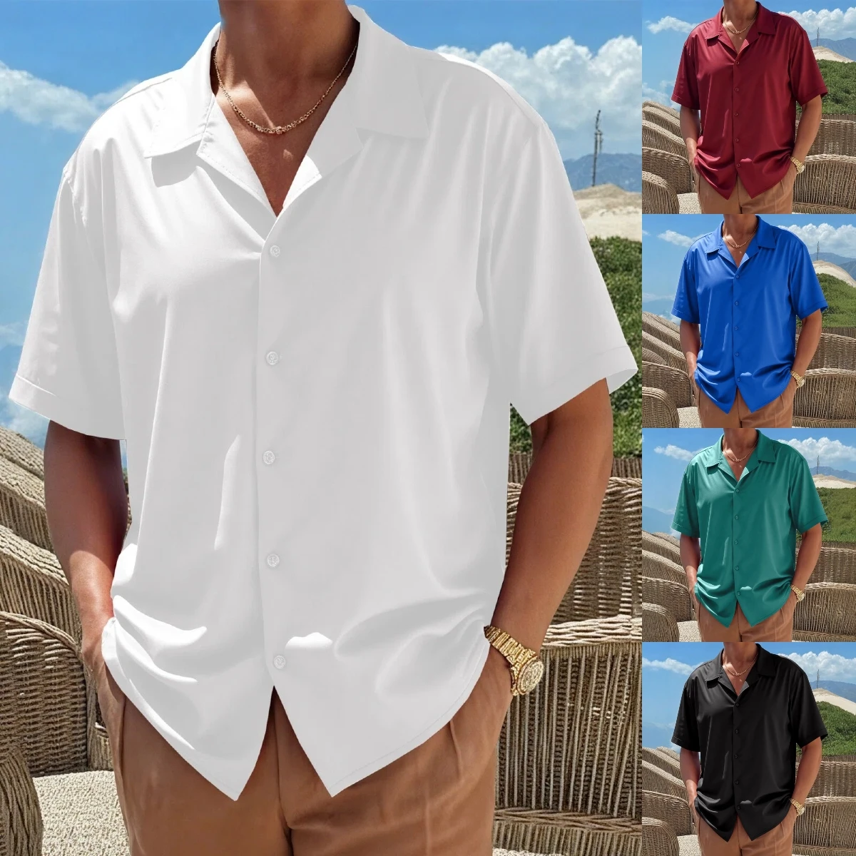 Kemeja Lengan Pendek Fashion Warna Solid Pria Gaya Baru Musim Semi/Musim Panas, Kemeja Lengan Pendek Nyaman Pria Kasual Retro