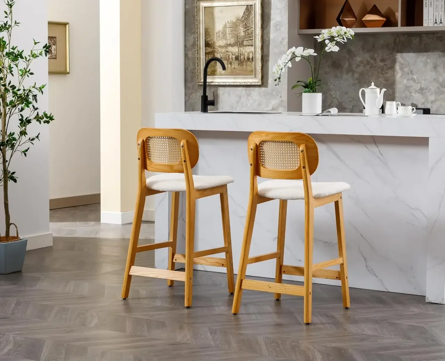 Ensemble de 4 chaises de bar en bois, en rotin, pour cuisine de ferme, crème