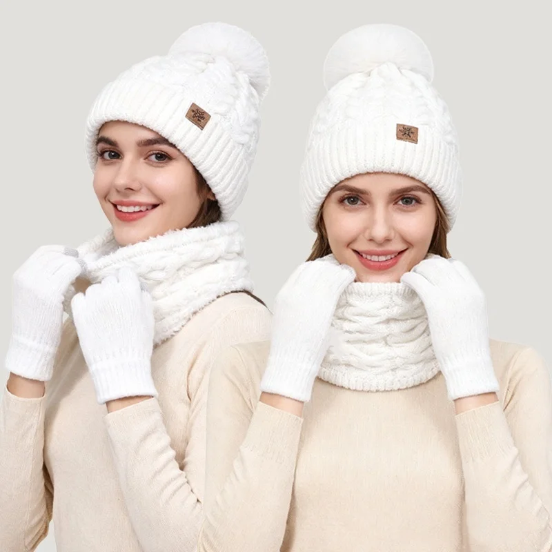 3pcs Warm Knitted Woolen Autumn Winter Set for Women Hat Scarf Gloves Combo Adult Ladies Neck Warmer