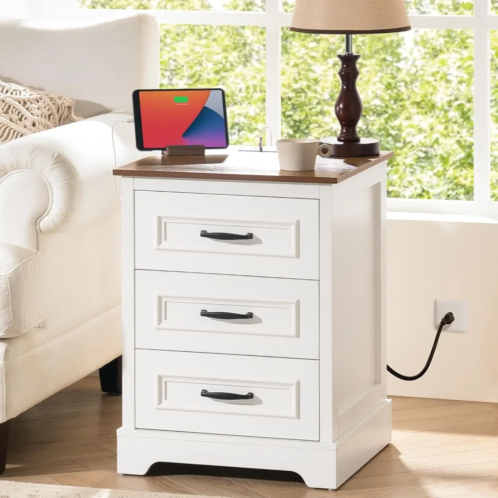 

rustic wooden nightstand with charging station and ample storage