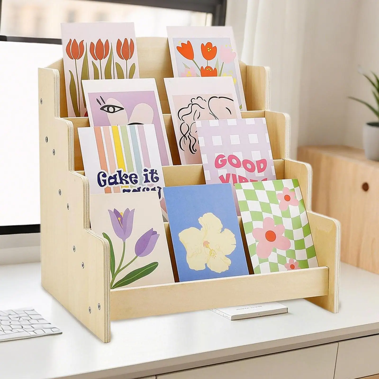 Wooden Four Layer Card Display Rack Versatile Stand for Postcard Greeting Card Bookstore and Trade Show
