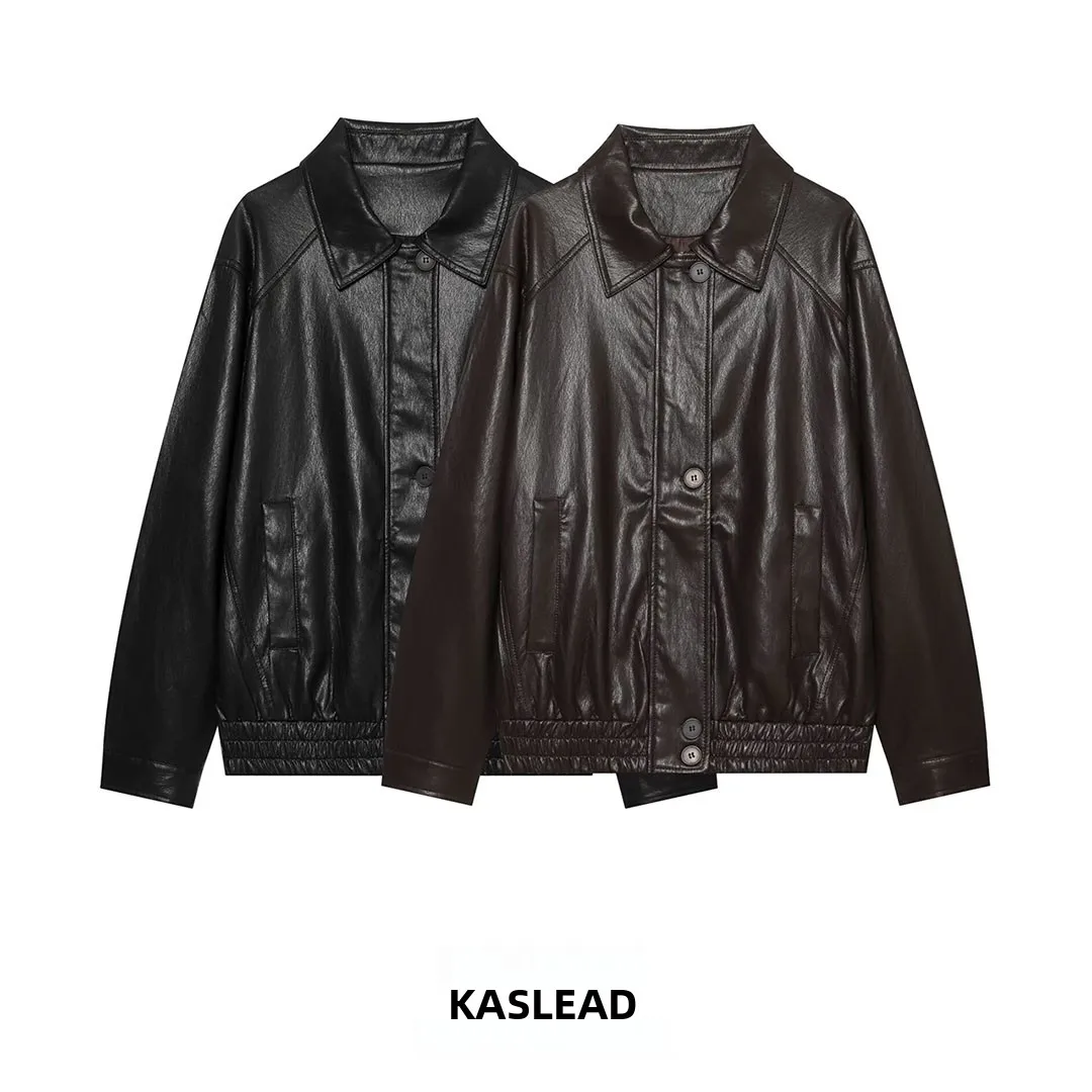 KASLEAD New Women's Fashion Versatile High-End Soft Leather Washed Windbreaker Jacket Slimming Effect Regular Length Sleeve