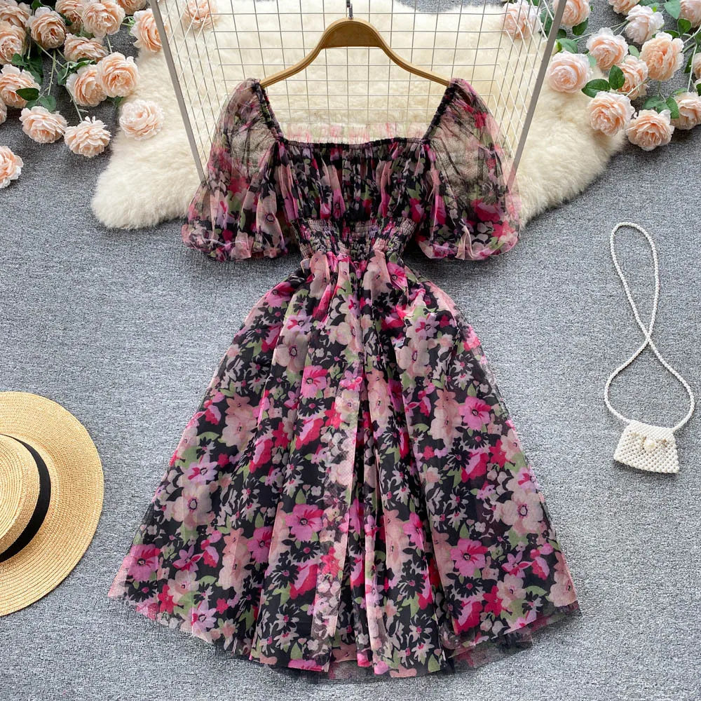 2025 New French Chic Floral Printed Cake Dress Woman Square Collar Short Puff Sleeve Sweet Women's Elastic High Waisted Dresses