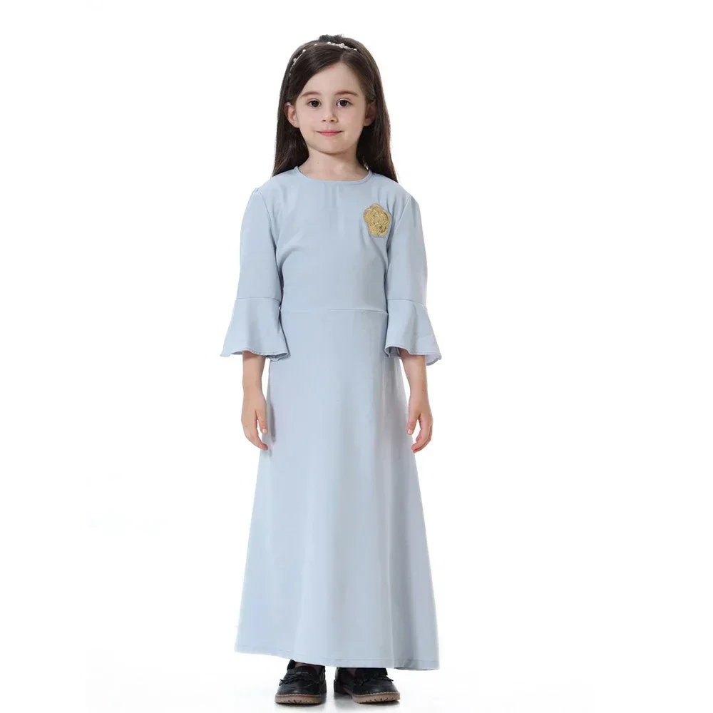 Cute Muslim Girl Prayer Dress Spring Long Sleeve Kids Abaya Kaftan Tobey Saudi Jabba Robe Southeast Children Applique Maxi Dress