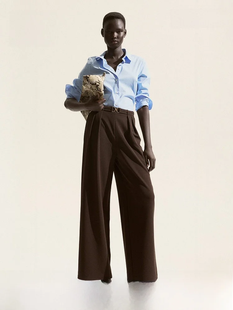 

High Waist Formal Pants Metal Buckle Decoration Commute Decorative Elastic Waistband Women's Fashion Trousers H&M 1224090