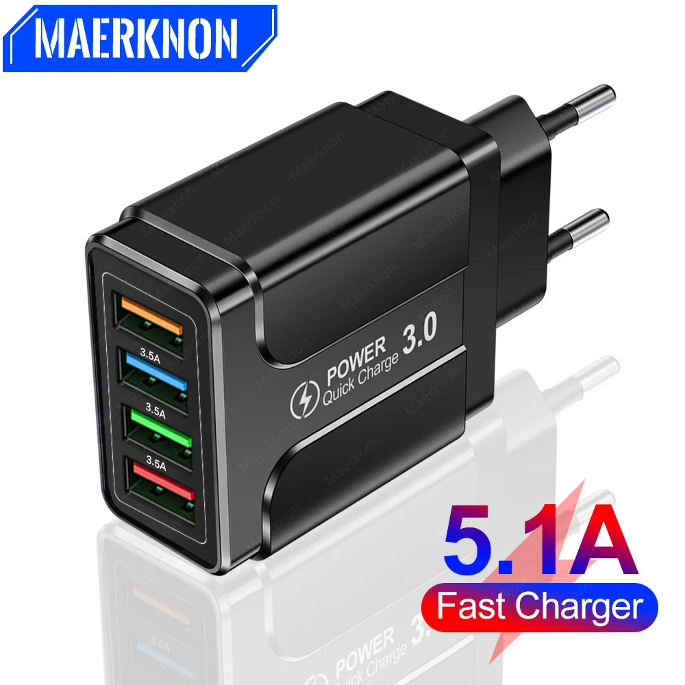 5.1A 4 Port USB Fast Charger Quick Charge 4.0 3.0 For iPhone 12 11 Pro Samsung Xiaomi Huawei Mobile Phone Chargers Fast Charging