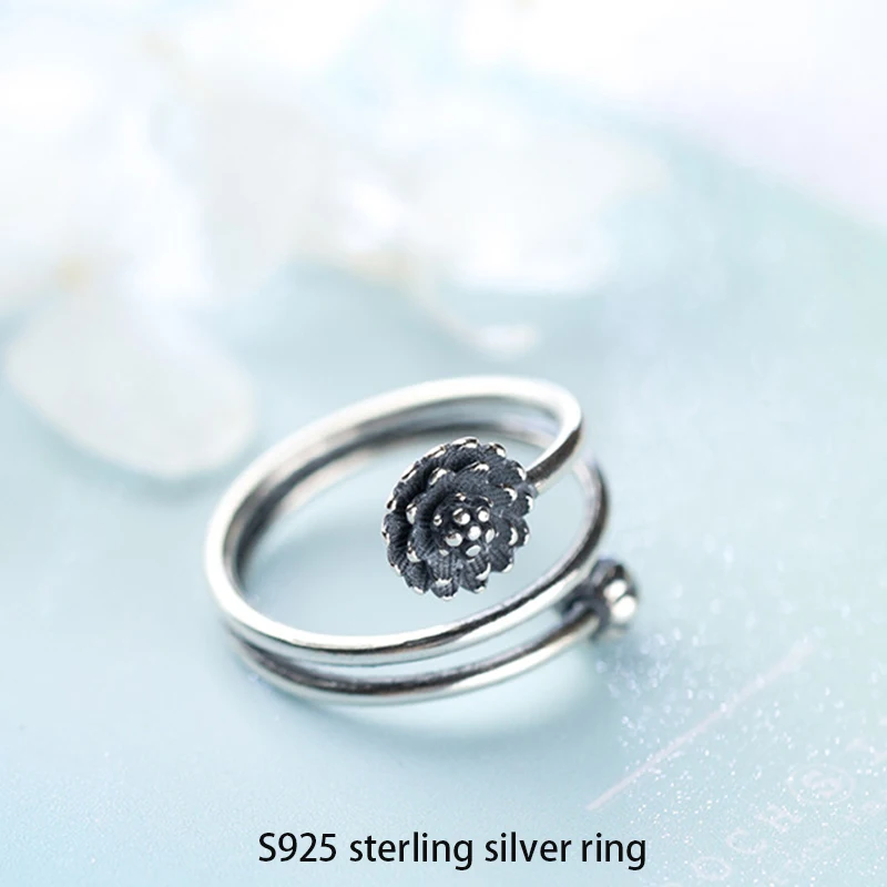 S925 Silver Ring Fashion Ethnic Retro Style Thai Silver Three-Layer Lotus Flower Bud Open Index Finger Ring for Women