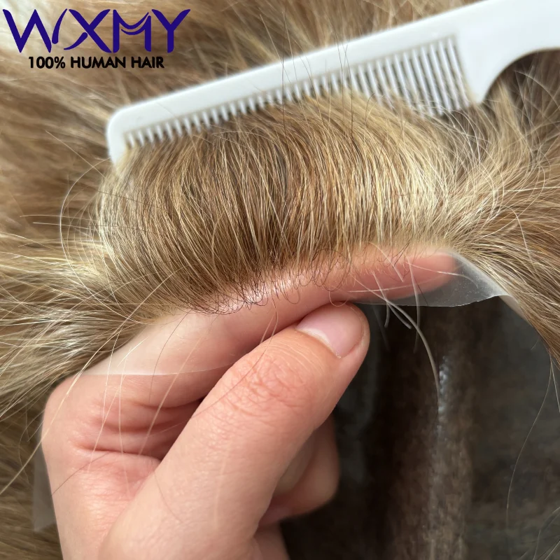 Highlighted Toupee for Men 0.08mm Double Knotted Men's Capillary Durable Male Hair Prosthesis Human Hair Replacement Systems