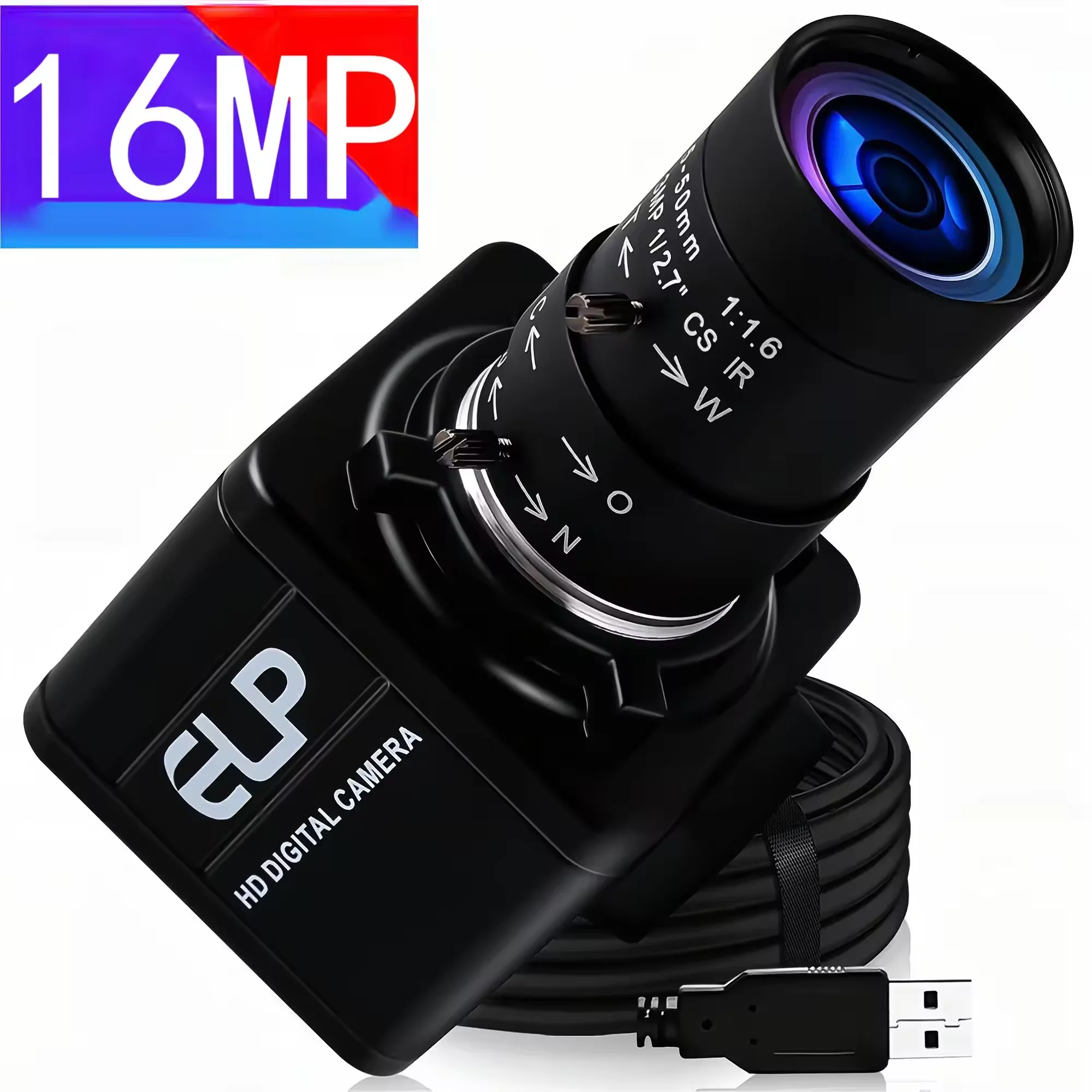 Kamera internetowa ELP 16MP High Definition z obiektywem zmiennoogniskowym CS, ręcznym zoomem, przetwornikiem IMX298, kolorowa kamera HD USB2.0 do komputera, kamera przemysłowa do druku 3D