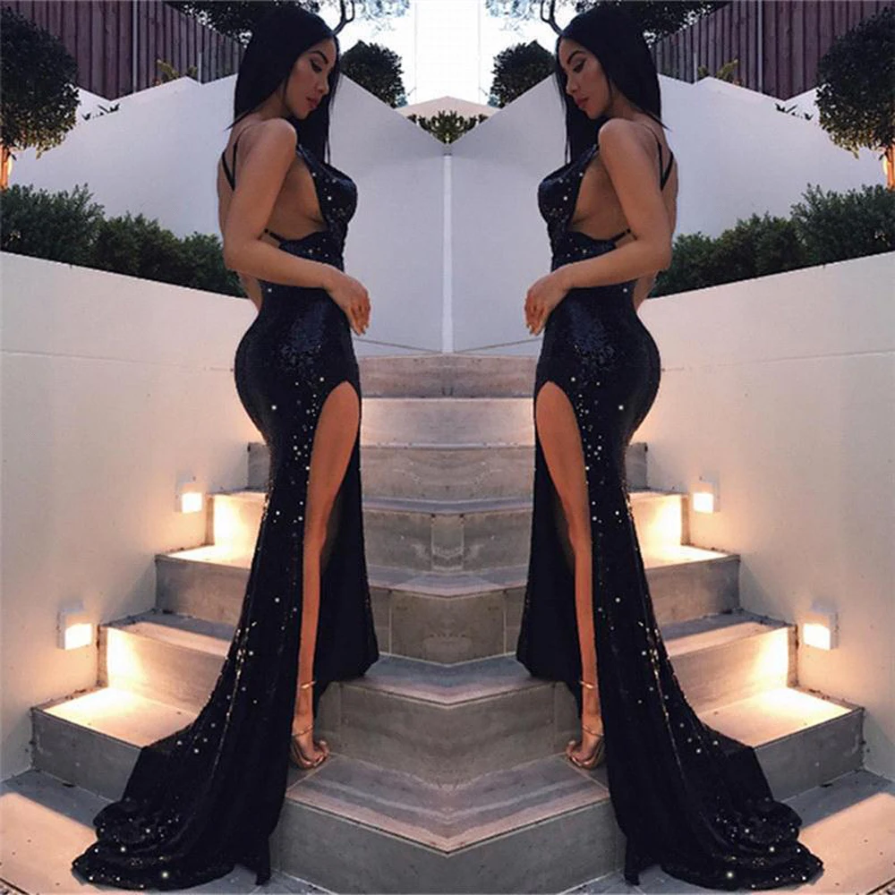 Black Sequined Sexy Backless High Split Women Evening Dress Wedding Party Formal Occasion 2023 Mermaid Robe De Soiree Prom Gowns