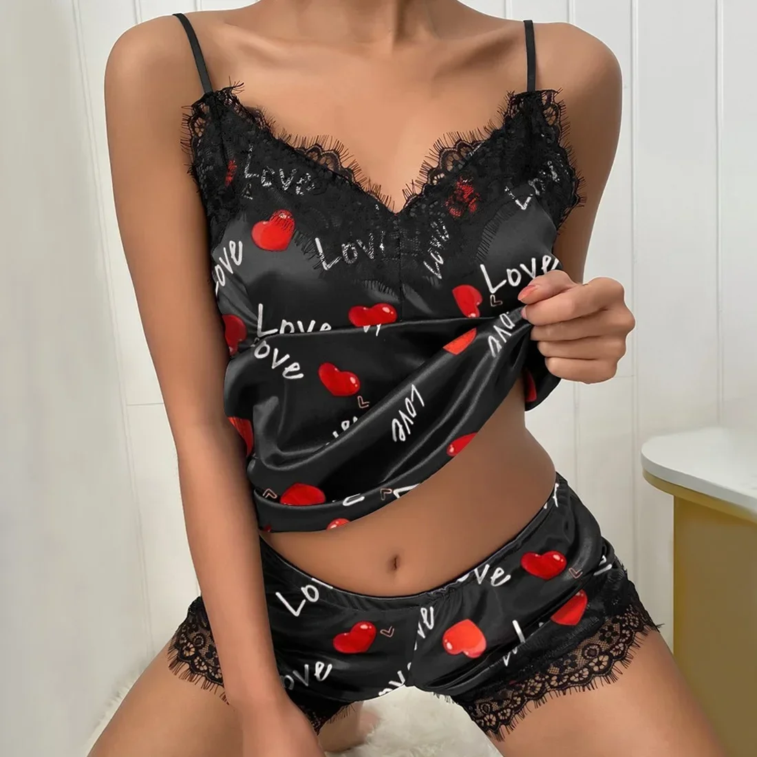 

Womens Ice Silk Pajamas Set Heart Print Sleepwear Pijamas Elegant Summer Short Sleeve 2 Pieces Set Cardigan Home Clothes