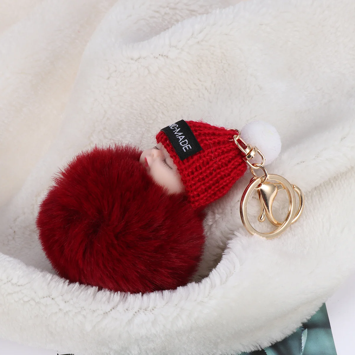 

Sleeping Baby Keychain Soft Pom Pom Key Ring Comfortable Hanging Pendant Accessory for Car Keys Wine Red