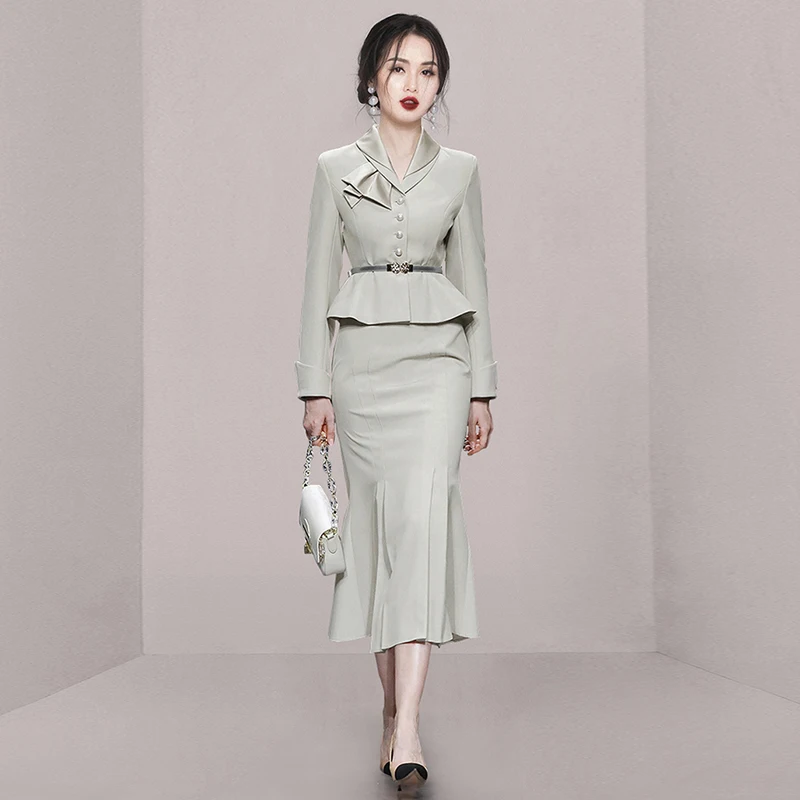 

Элегантный женский костюм: пиджак с длинными рукавами и юбка макси с завышенной талией, серый комплект из двух предметов, осенняя модная верхняя одежда