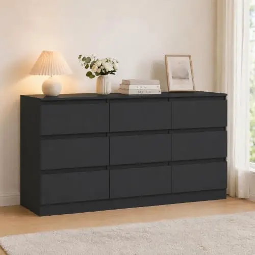 Black 9 Drawer Dresser for Bedroom, Long Dresser with Deep Drawer,Modern Wide Wood Storage Chest of Drawer, Bedroom