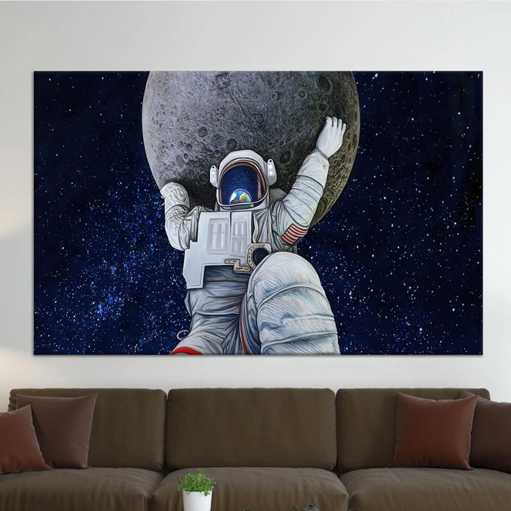 Astronaut Lifts Up The Moon Canvas Wall Art Modern Posters and Prints Abstract Outer Space Picture Modern Painting Wall Decor