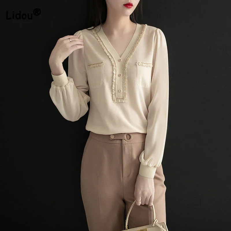 

2023 Elegant Fashion Women's V-Neck Spliced Solid Color Tops Autumn Simplicity All-match Loose Long Sleeve Thin Knitted T-shirt