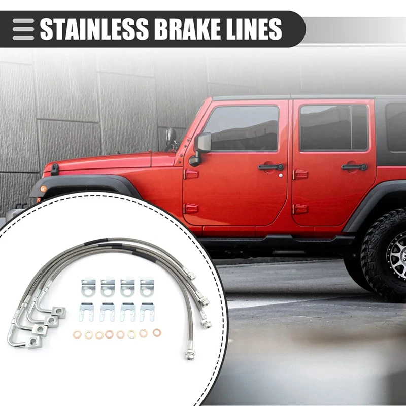 Front & Rear SS Braided Brake Lines For Jeep JK Wrangler 4Inch-6Inch Lift 89716 2007-2018