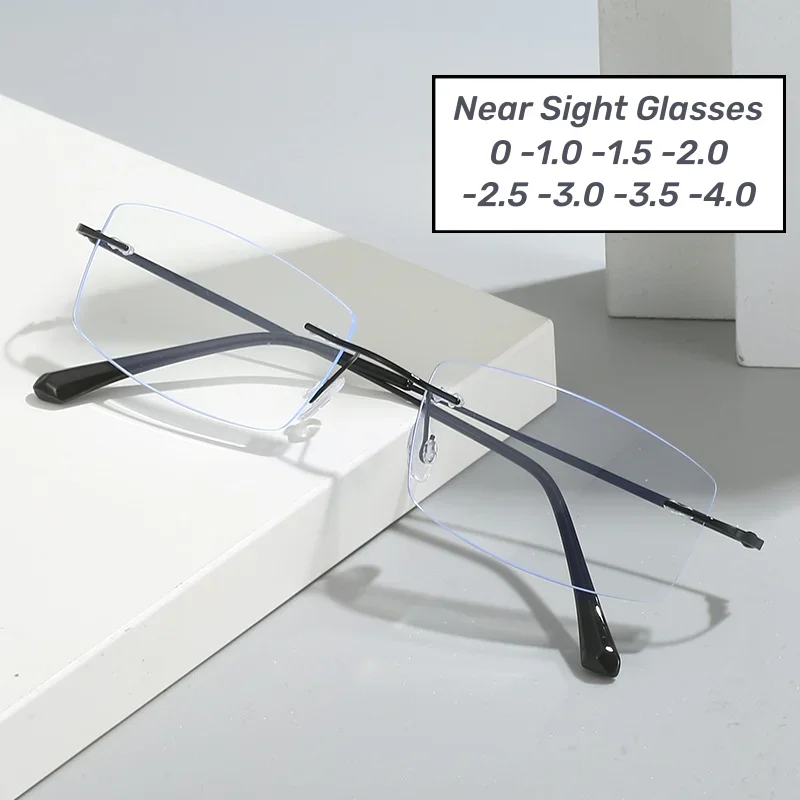 Small Square Frameless Anti-blue Light Near Sight Glasses Men Ultra Light Myopia Glasses Ultra Light Unisex Short Sight Glasses