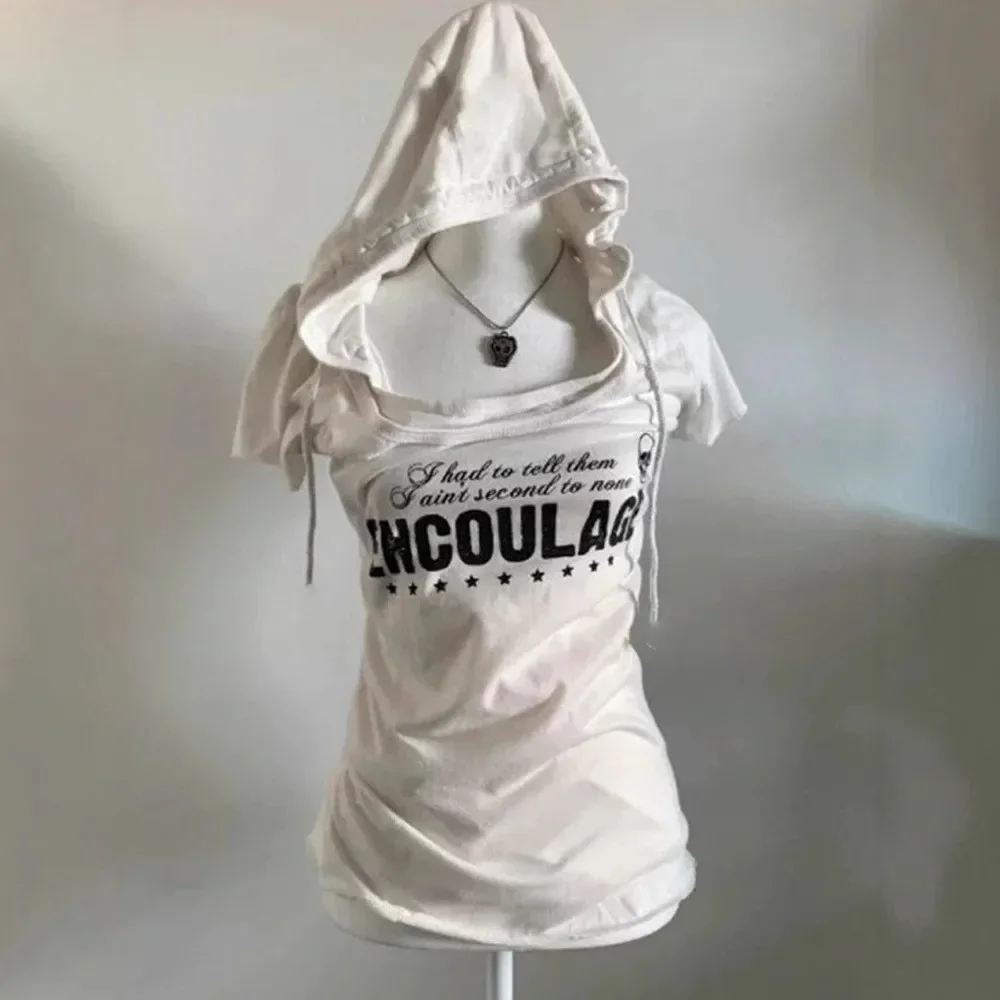 Goth Y2k American Vintage Hooded Short Sleeved Fake Two-piece T-shirt Grunge Girl Cut Top Women's Summer Shirts for Women Trendy