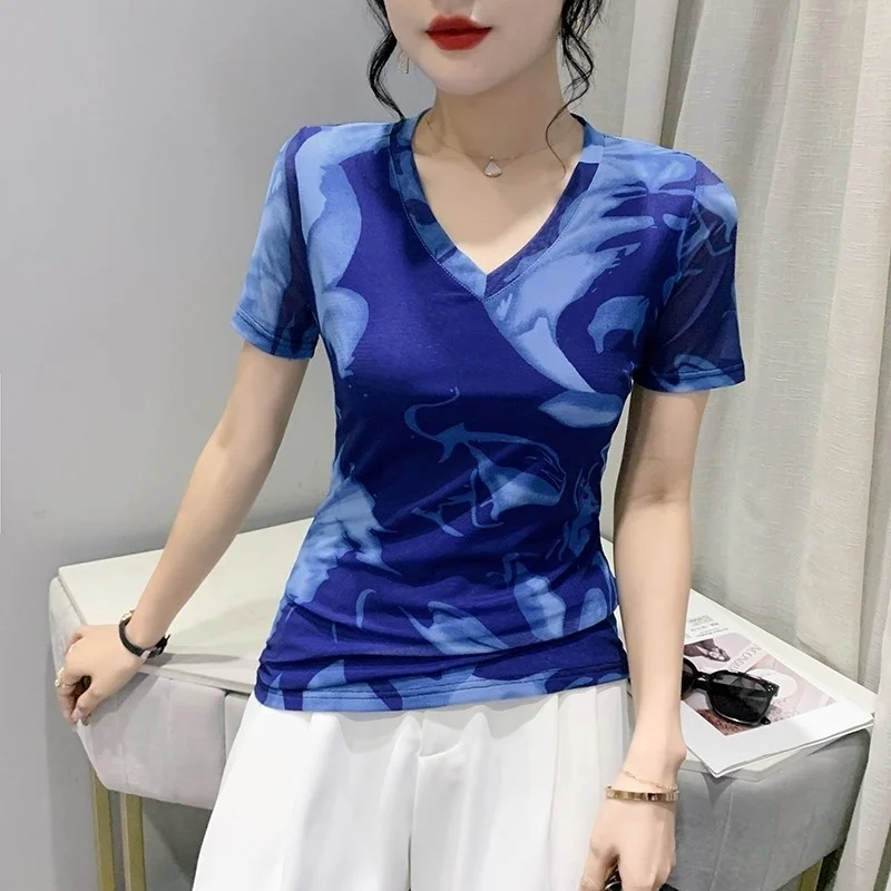 

#5644 Blue Mesh Printed T Shirt Women V-neck Sexy Korean Style Tight T Shirt Femme Short Sleeve Summer Womens Tshirt Elastic