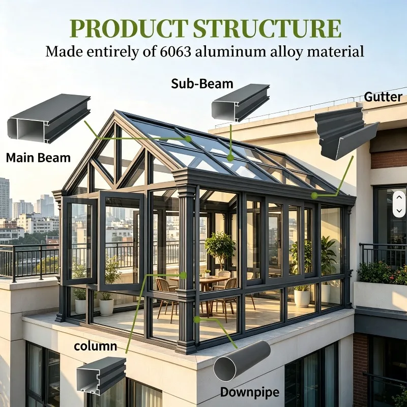 Aluminum Alloy Sunroom Glass House with Automatic Climate Control Ideal Hotel Lobby Restaurant Atrium Villa Sun Room Solarium
