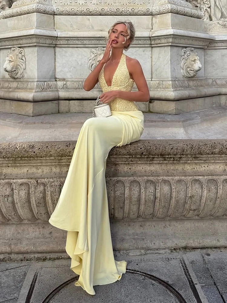 Kliou Ruched Elegant Gown Dress Woman Sequin Patchwork Halter Low-Neck Backless Sleeveless Midnight Banquet Party Long Bodycon view 4