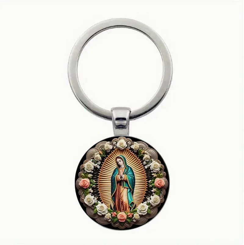 1 Piece of Vintage Virgin Mary Keychain - Alloy Circular Pendant, Floral Design, Fashionable Bag and Backpack Pendant, Ideal Gif