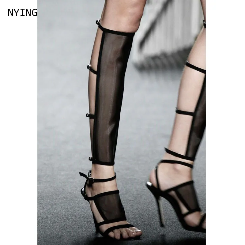 

2025 Women Mesh High Heel Shoes with Hollow Toe New Sexy Sandals Casual Round Toe Open Toe Women's Shoes 35-44