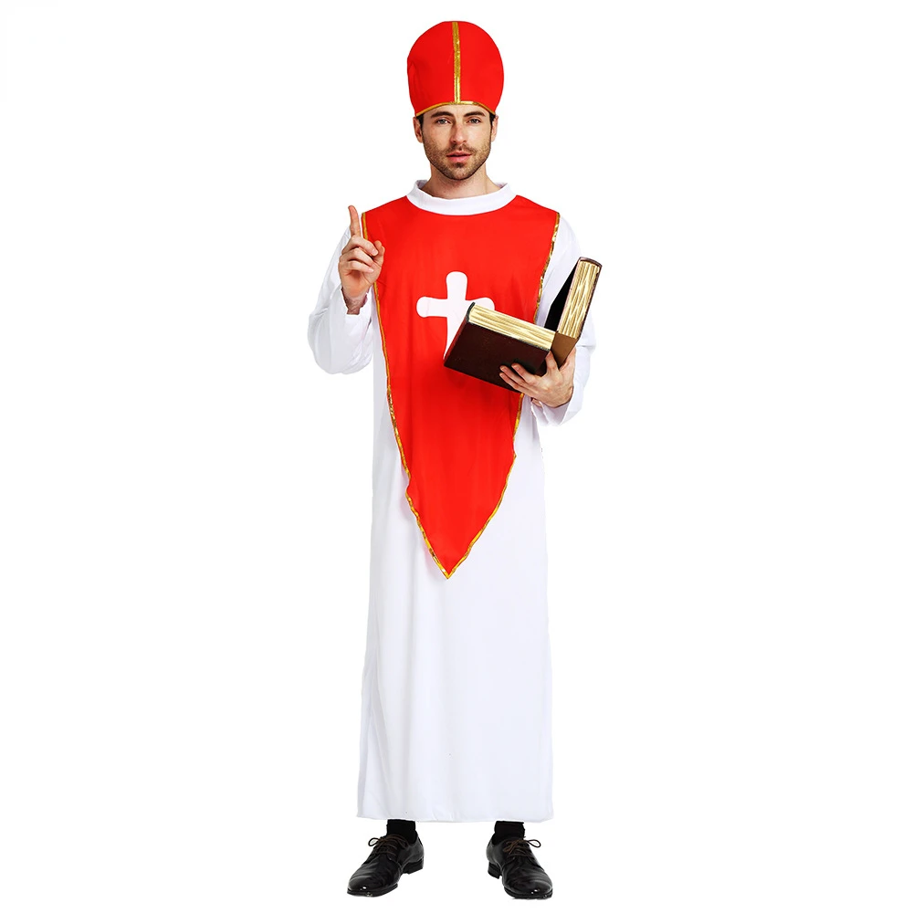 

Adult Men's Priest Costume Father Robe Monk Cross for Cosplay Stage Halloween Party Outfit White Red