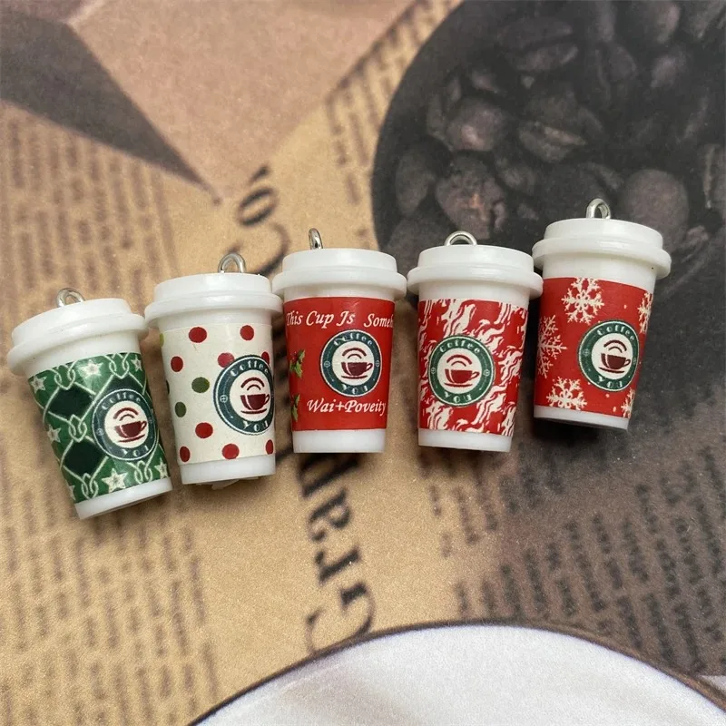 10pcs Cute Mini Christmas Coffee Cup Resin Charms Funny Drink Bottle Pendant For Earring Keychains Diy Jewelry Making