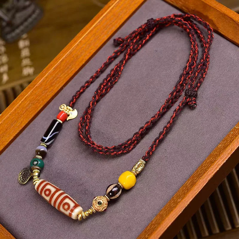 Handmade woven rope necklace, adjustable Tibetan-style Buddhist beads, natural agate four-eye Dzi bead pendant, sweater chain