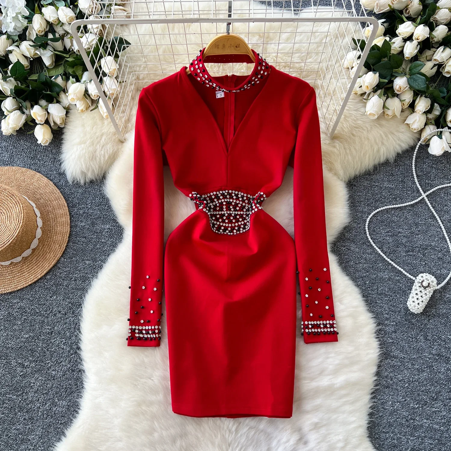 Vintage V-neck Chic Long Sleeve Rhinestone Dresses Women Korean Fashion Evening Party Slim High Street Autumn Winter Clothing