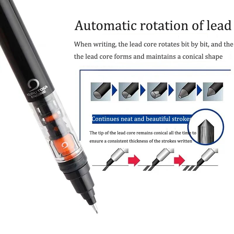 Imagem -02 - Unistationery Lápis Mecânico Automático Caneta Antiderrapante Caneta Escalável Ponta 0.5 mm Recarga Rotação Rotativa Núcleo Anti-quebra