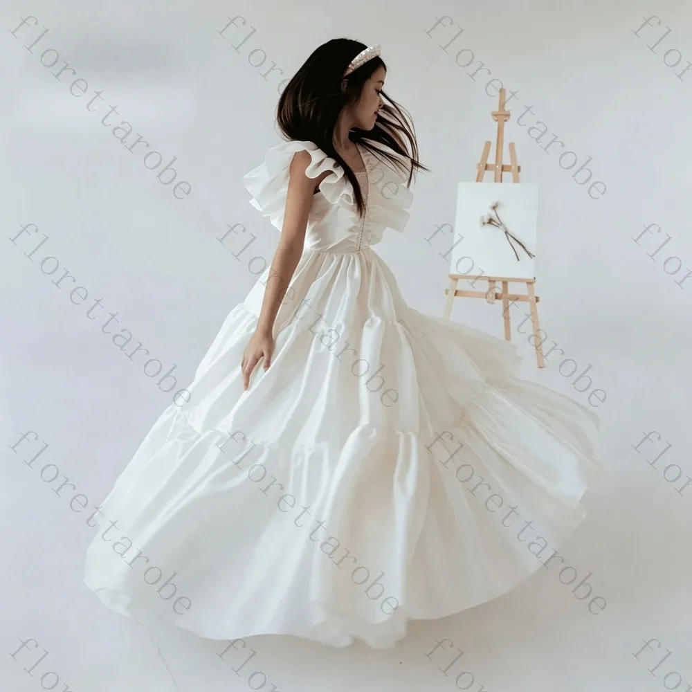 Customized White Satin Flower Girl Dress Floor Length Ball Gown V Neck Ruffle Cap Sleeve Tiered Lace Trim Wedding Kids Party