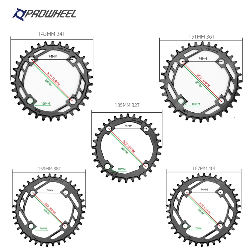Prowheel Mountain Bike Round Sprocket 104BCD-32T 34T 36T 38T 40T steel plate Bike chainring Compatible: 1X7/8/9/10/11 speed
