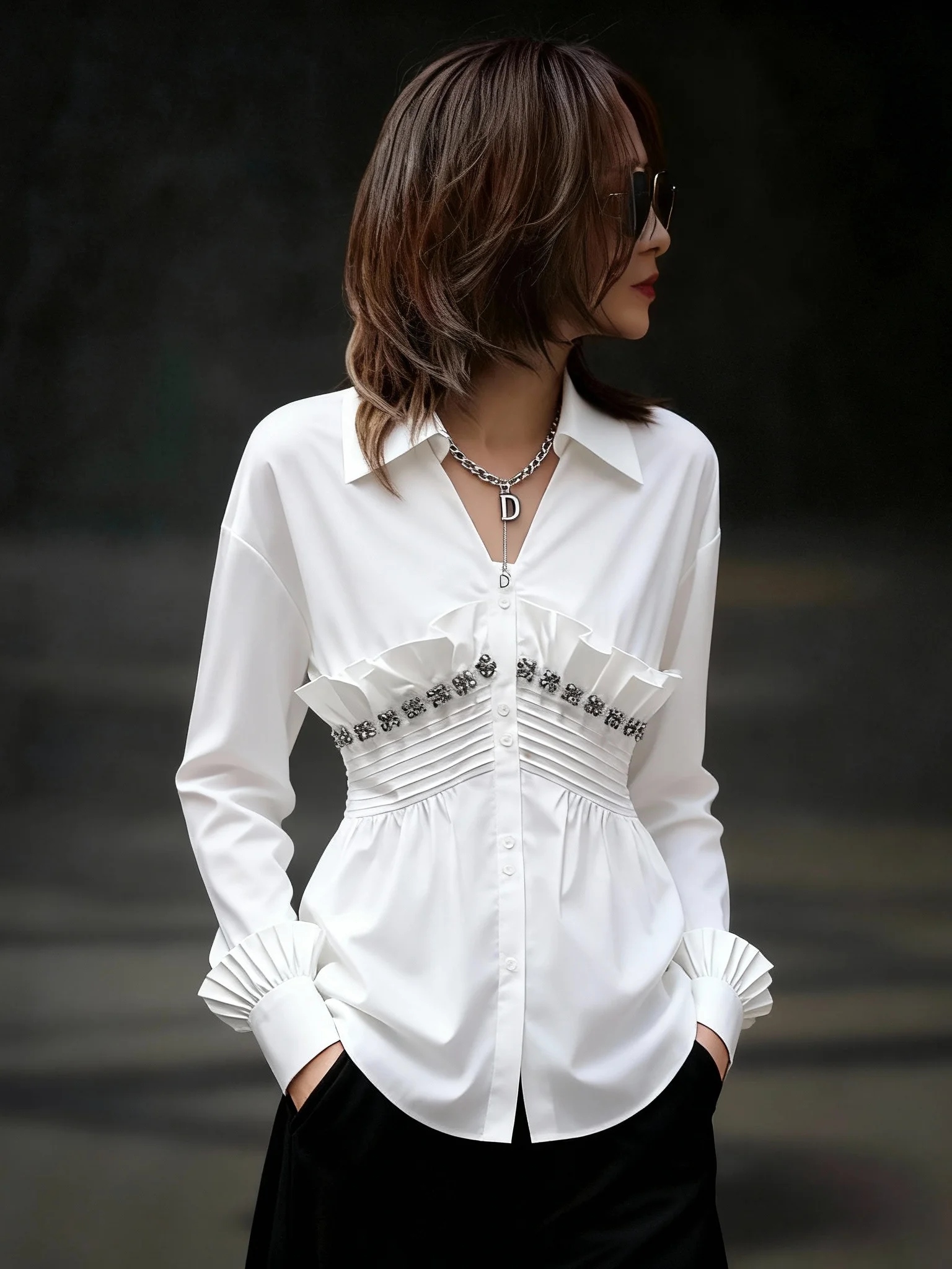 

Женская блузка с длинным рукавом, весна-осень-зима, новинка, корейский свободный крой, с обильной вышивкой бисером и кружевом, модный топ, Snow Lily Summer