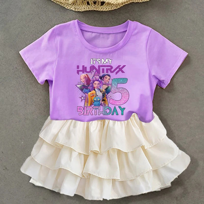 

KPop Demon Hunters Birthday Girl Clothes Set Pleated Skirt Number T Shirt 2pcs Short Sleeve Tee Outfits Kids Clothing Dress Suit