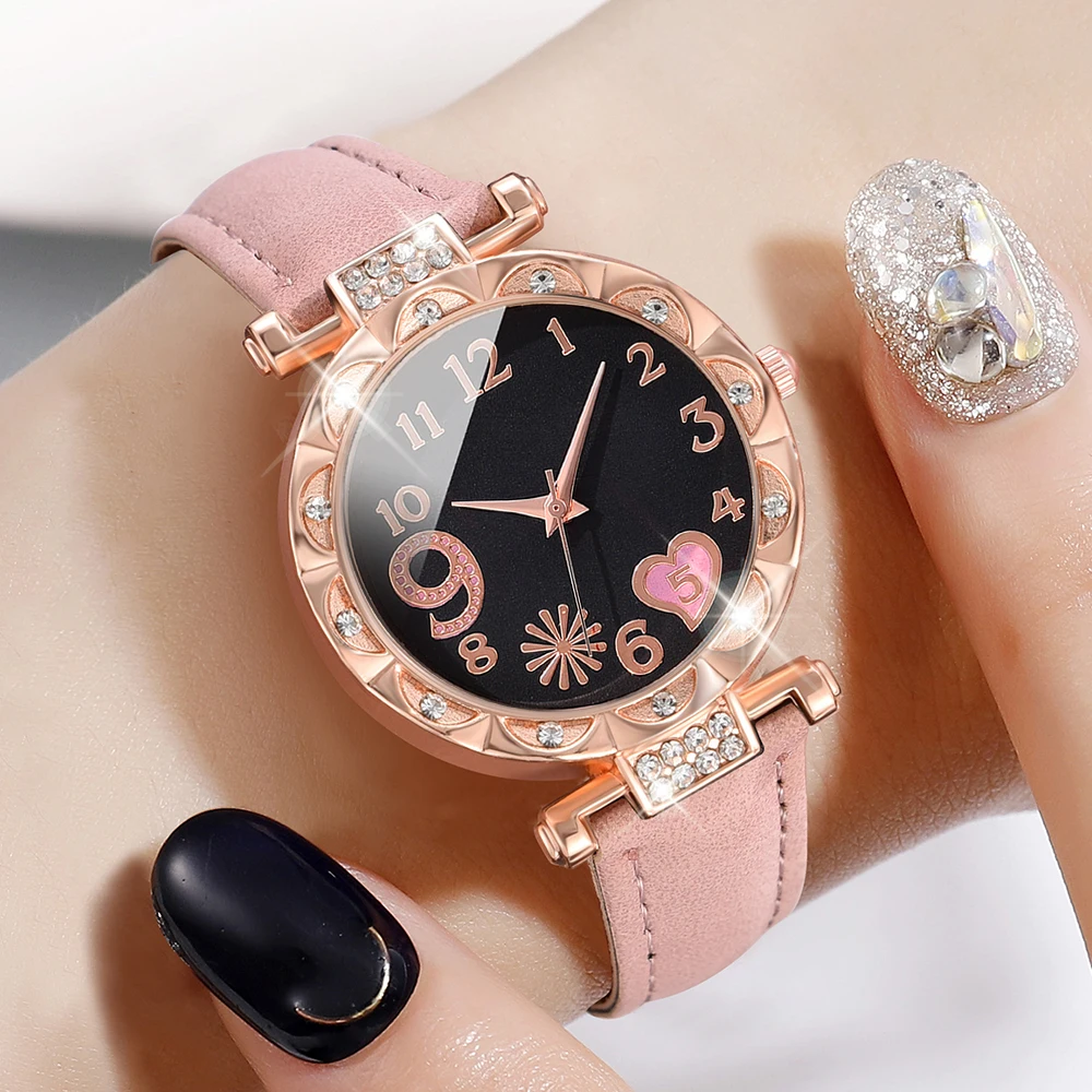 6PCS/Set Simple and Elegant Women's Watch Leather Strap Women's Clock Quartz Watch Fashion Women's Watch