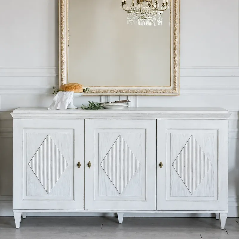 High Grade Solid Wood Three Door Side Cabinet Antique White Rustic Style All Wood Dish Storage Cupboard Customizable