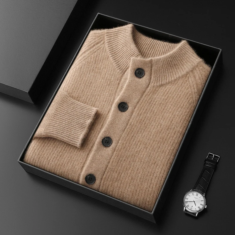CHICUU Autumn Winter Men's 100% Cashmere Cardigan Coat Thick Mock Neck Long Sleeve Cashmere Sweater Smart Casual Knitwear Cloth