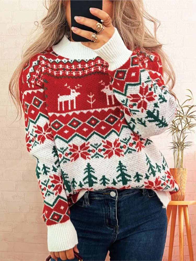 Pull de noël ample et décontracté en Jacquard contrasté pour femme, col rond, Style à la mode, à manches longues, nouvelle collection automne et hiver