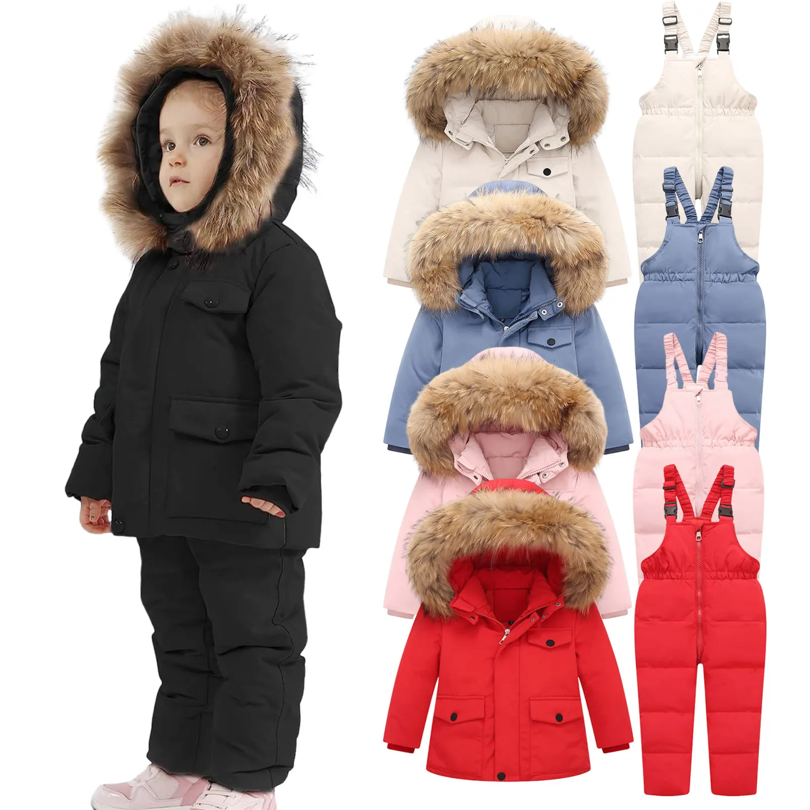 

Toddler Kids Winter Snow Suits,Fur Hood Down Jacket with Bib Pants,Children's Warm Skisuits,Baby Boys Windproof Thick Outfits