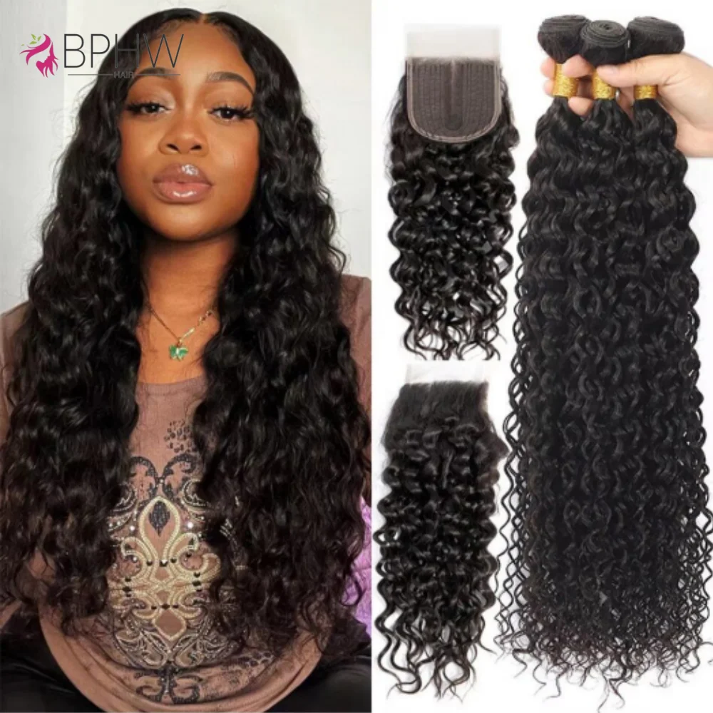 

Бразильские пучки водяных волос с застежкой Пучки человеческих волос с застежкой 4x4 Волнистые волосы 3 пучка с застежкой 12A BPHW