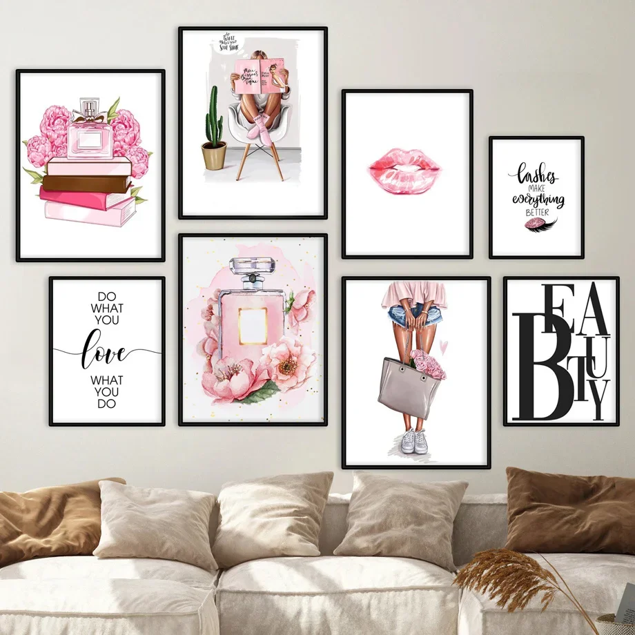 Abstract Fashion Girl with Perfume Lipstick & High Heels Wall Art Canvas Painting - Living Room Decorative Poster Print