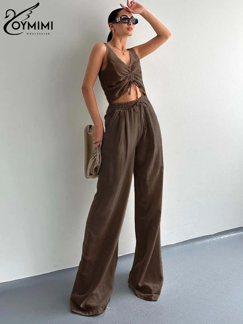 Oymimi Fashion Black Cotton 2 Piece Sets Women Outfit Casual V-Neck Sleeveless Lace-Up Slim Tank Tops And Straight Trousers Sets